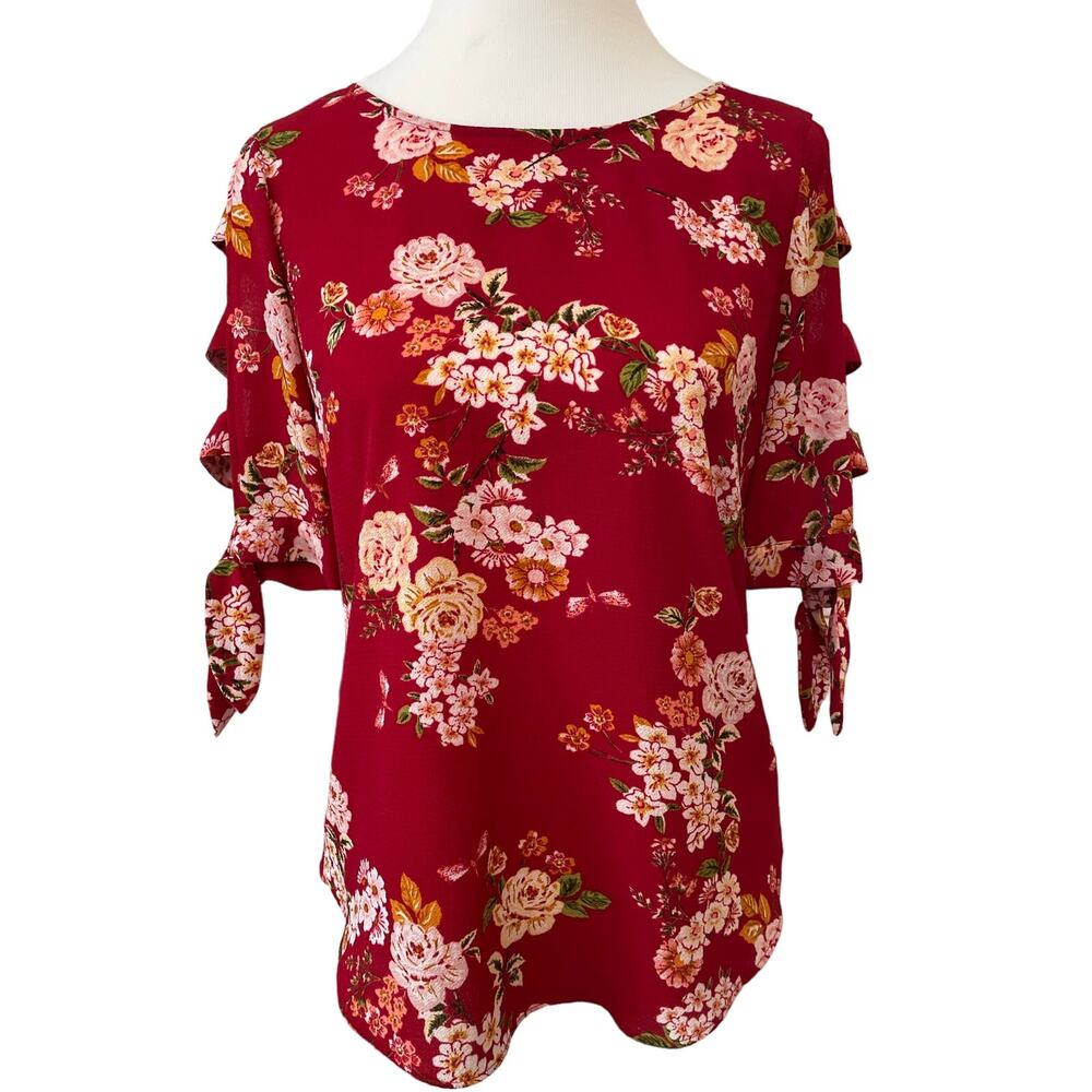 IZ Byer Red Floral Tie Sleeve Blouse Women's XS EUC